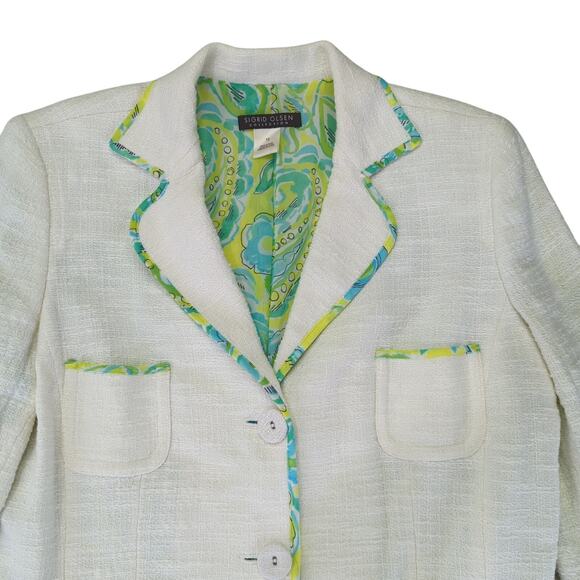 Vtg Sigrid Olsen Blazer Jacket‎ 3 Button Texture Women 12 White Floral Paisley - Picture 3 of 10